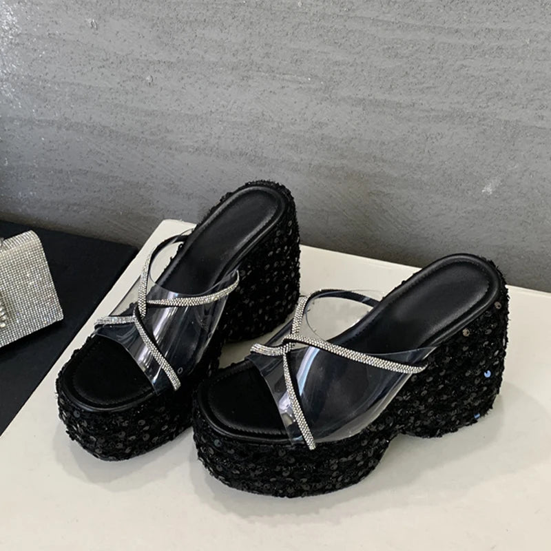 Summer Wedges Shoes For Women Platform Slippers Fashion Crystal Rhinestone High Heels Square Toe PVC Transparent Sandals