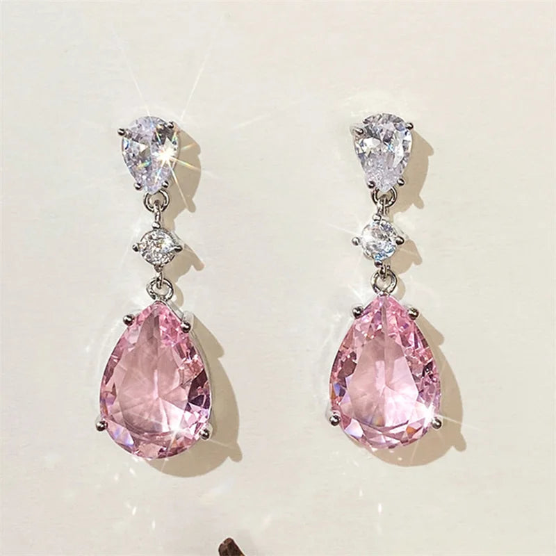 Temperament Sweet Pink Pear Cubic Zirconia Drop Earrings Women Engagement Party Exquisite Ear Accessories Fashion Jewelry