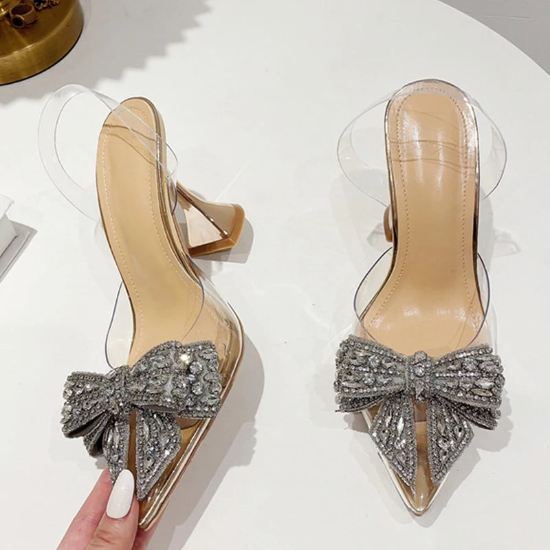 Fashion Crystal Sequined Bowknot Women Pumps Sexy Pointed Toe High Heels Wedding Prom Shoes PVC Transparent Sandals