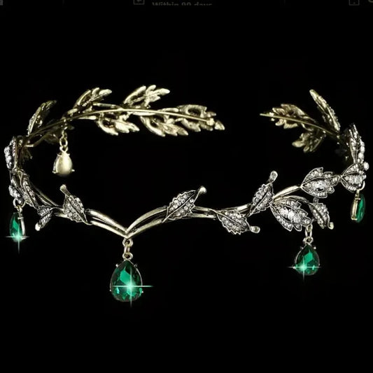 Vintage Bronze Emerald Green Fairy Crown Tiaras Crystal Leaves Elf Tiara Bandana Hair Accessories for Women Costume Hair Jewelry - EUFASHIONBAGS