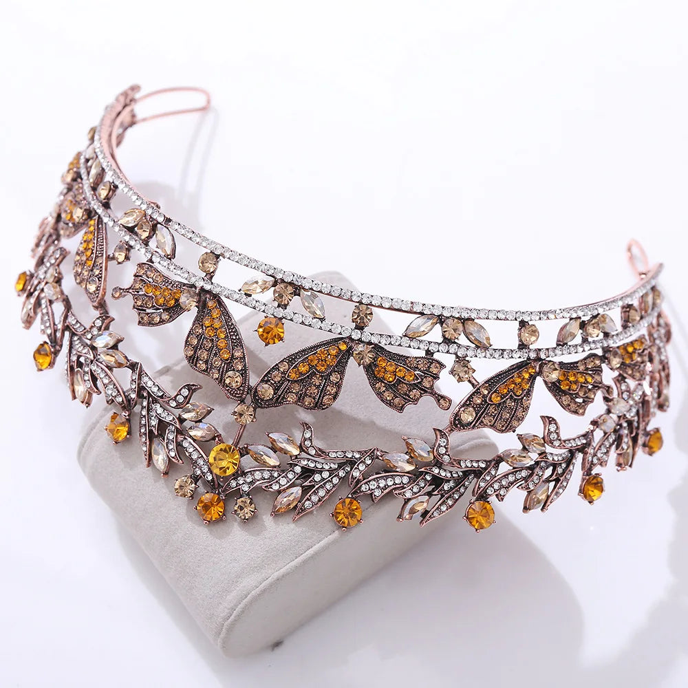 Baroque Vintage Bronze Crystal Butterfly Bridal Crown Tiara Rhinestone Diadem Tiaras for Women Headband Wedding Hair Accessories - EUFASHIONBAGS