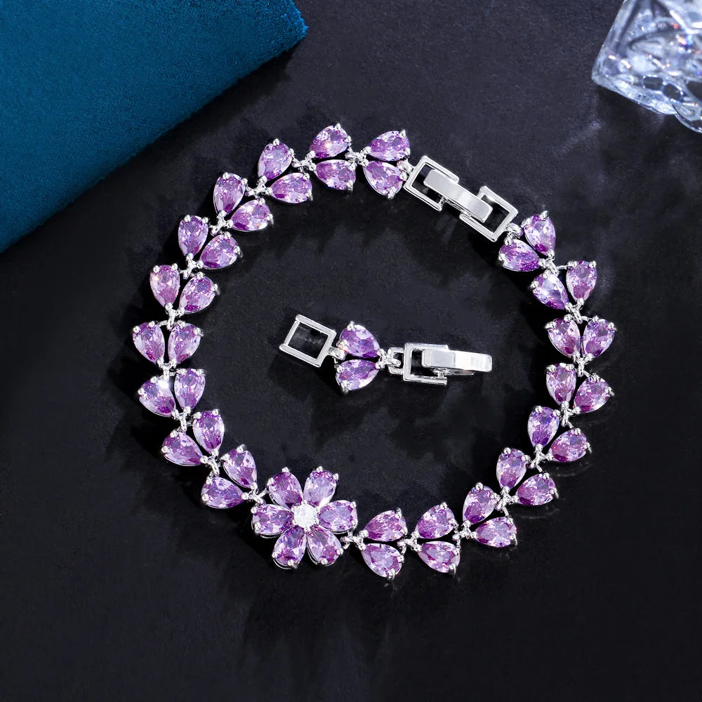 Delicate Flower Leaf Shape Cluster Pink Red Cubic Zirconia Crystal Link Chain Bracelets for Women Wedding Party - EUFASHIONBAGS