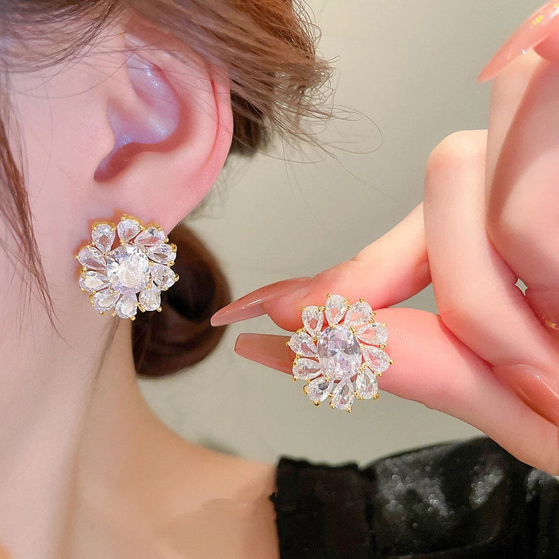 Sparkling CZ Stud Earrings Women Aesthetic Flower Shape Bridal Wedding Earrings Exquisite Ear Accessories Party Jewelry - EUFASHIONBAGS