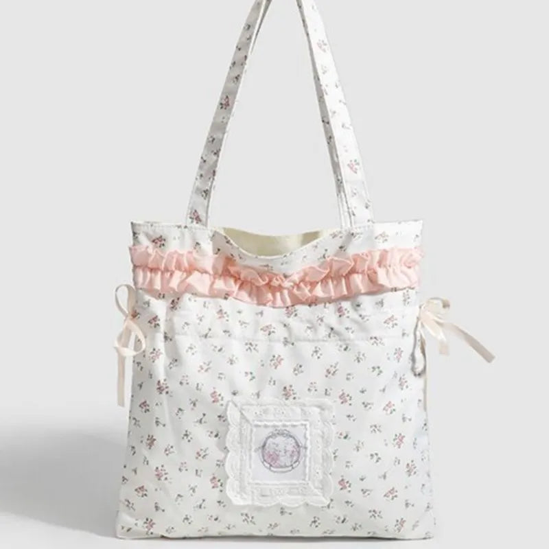 Fairycore Floral White Shoulder Bags Women Sweet Cute Drawstring Canvas Tote Bag Aesthetic Handbag Y2k