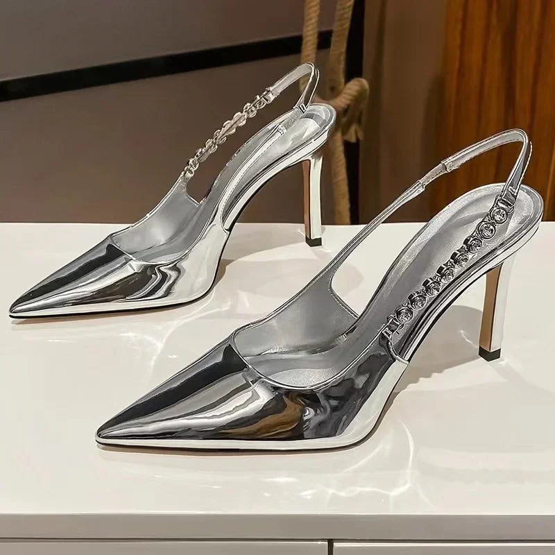 Shiny High Heels Sandals Women Pumps Metallic Crystal Slingback Pointy Toe Stiletto Heeled Shoes Silver Party Dress Shoes Woman