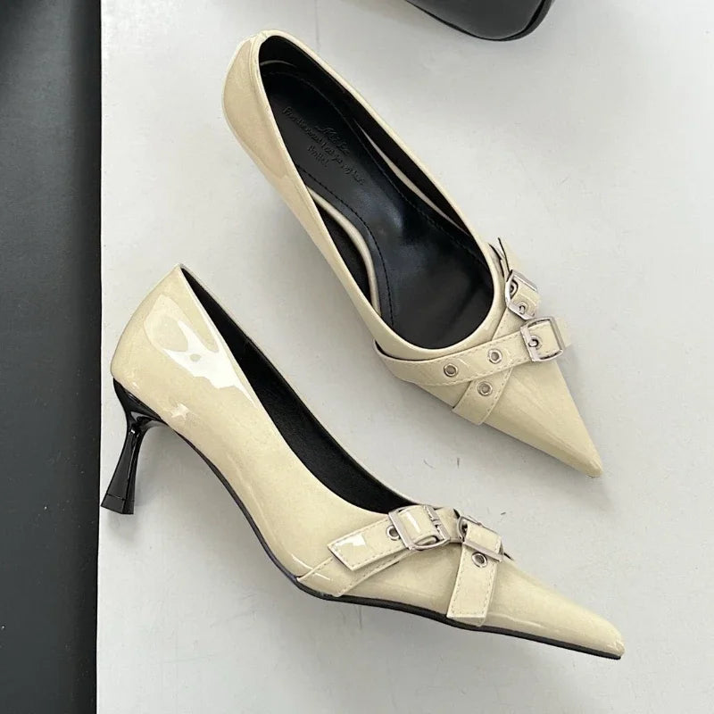 Belt Buckle Design High Heels Women Brand Women Shoes Shallow Classics Elegant Dress Shoes Fashion Pointed Toe Pumps Women