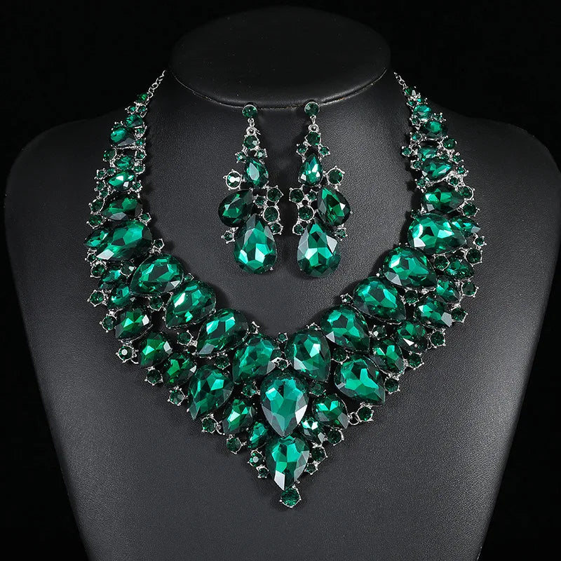 Luxury Water Drop Green Crystal Jewelry Sets For Women Wedding Party Jewelry Accessories Stud Earrings & Necklace Set - EUFASHIONBAGS