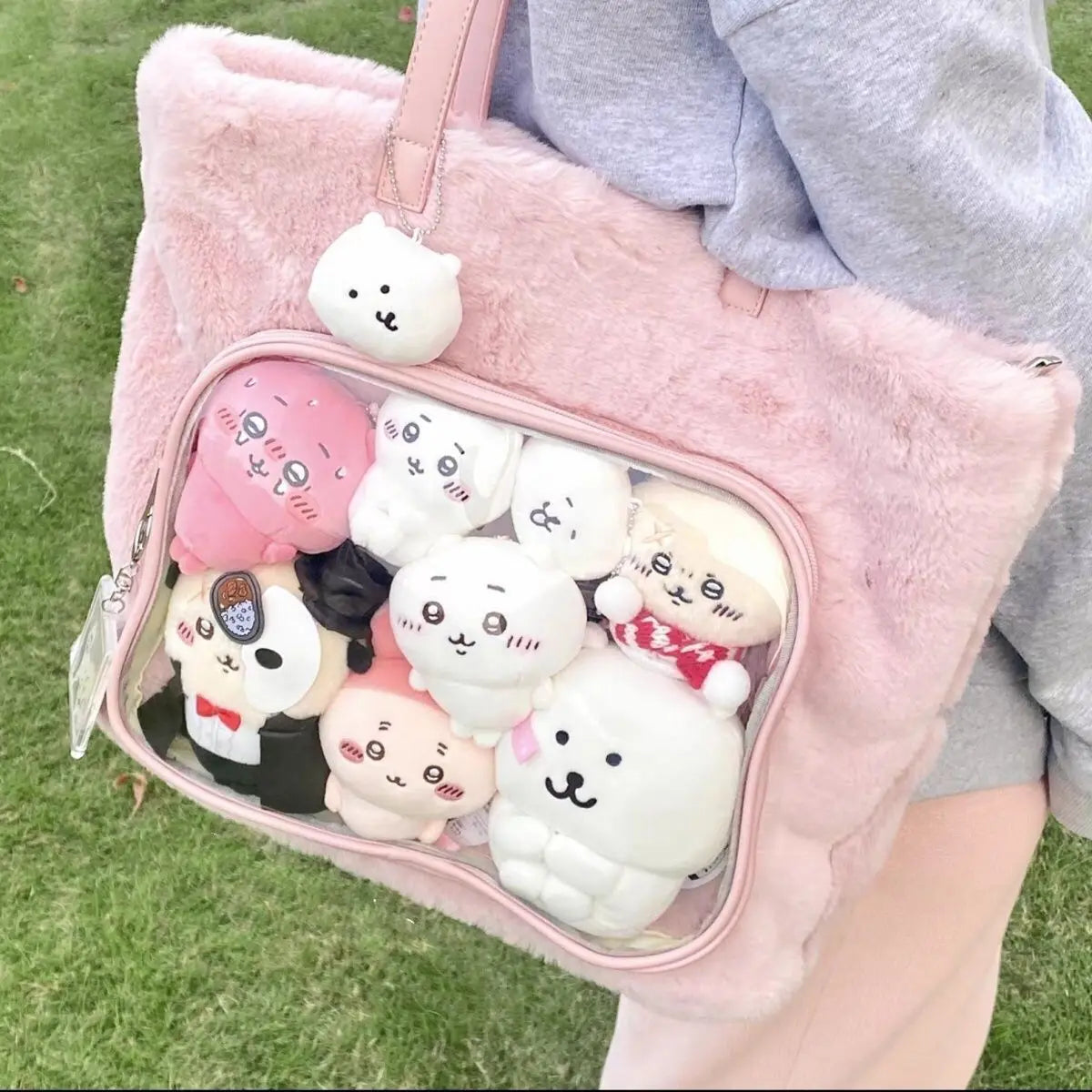 Japanese Transparent Pink Ita Bag Purse Women Harajuku Aesthetic Plush Handbag Female Large Tote Bag - EUFASHIONBAGS