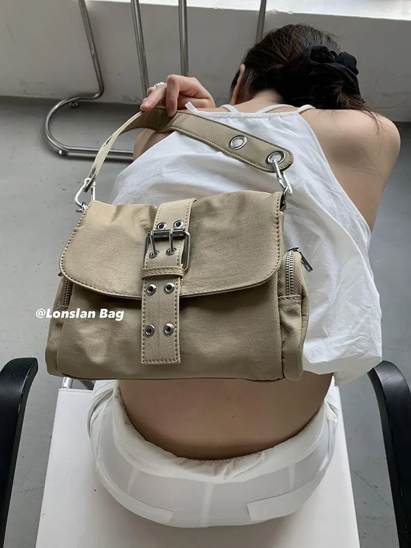 Vintage Nylon Khaki Shoudler Bag Women Hot Girls Square Bag Female Harajuku Casual Crossbody Bags Handbag Y2k