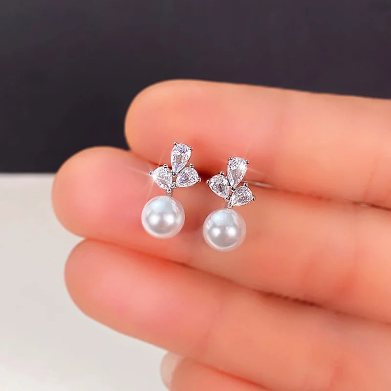 Dainty Simulated Pearl Earrings for Women with Shiny Cubic Zirconia Delicate Female Earrings Elegant Daily Wear Jewelry