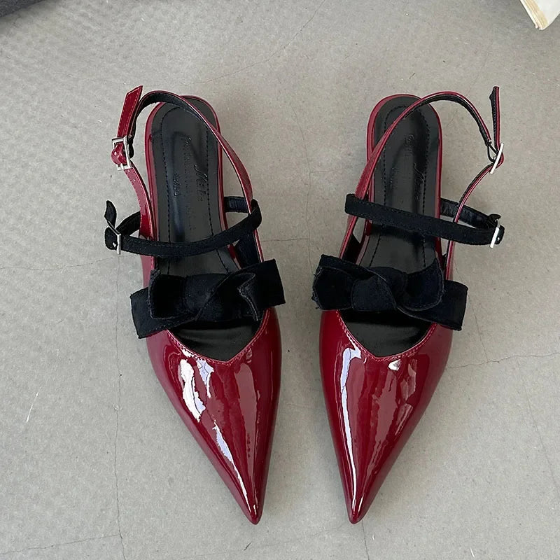 Butterfly-knot Pointed Toe Mary Jane Shoes Women Patent Leather Fashion Low Heeled Dress Shoes Female Pumps Sandalias De Mujer