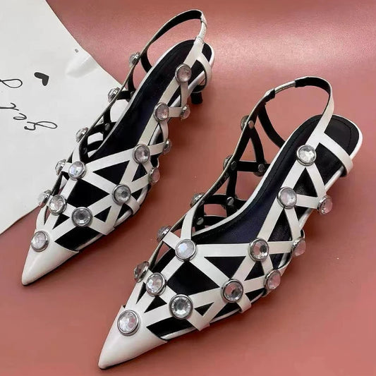 Brand Luxury Jewel High Heels Female Pointed Toe Pumps Party Dress Shoes Gladiatus Hollow Shiny Rhinestone Design Sandals Women