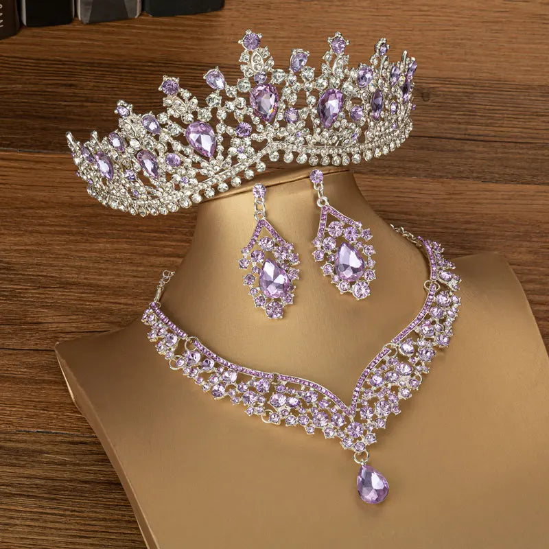 Baroque Gold Color Black Crystal Bridal Jewelry Sets Tiaras Crown Earrings Choker Necklace Women Wedding Dress Dubai Jewelry Set - EUFASHIONBAGS