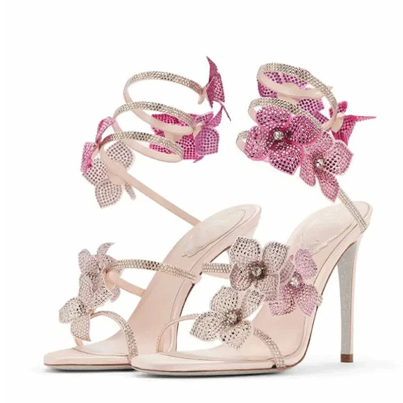 Women Party Wedding Prom Shoes Fashion Crystal Rhinestone Flowers Ankle Snake Twine Around Strap Sandal High Heels - EUFASHIONBAGS