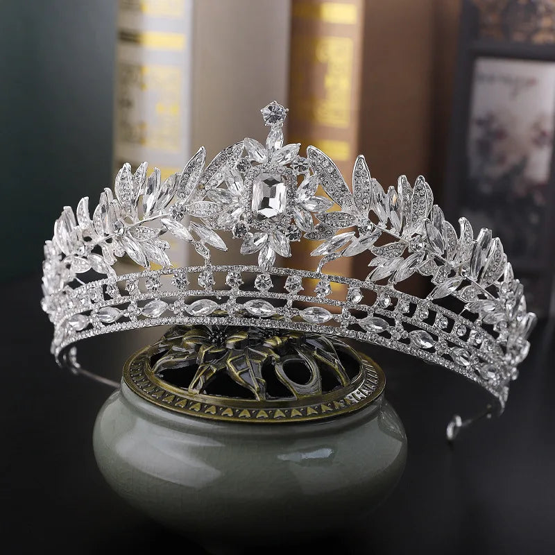 Luxury Royal Queen Crystal Leaf Wedding Crown for Women Rhinestone Diadem Banquet Tiaras Party Costume Hair Jewelry Accessories - EUFASHIONBAGS