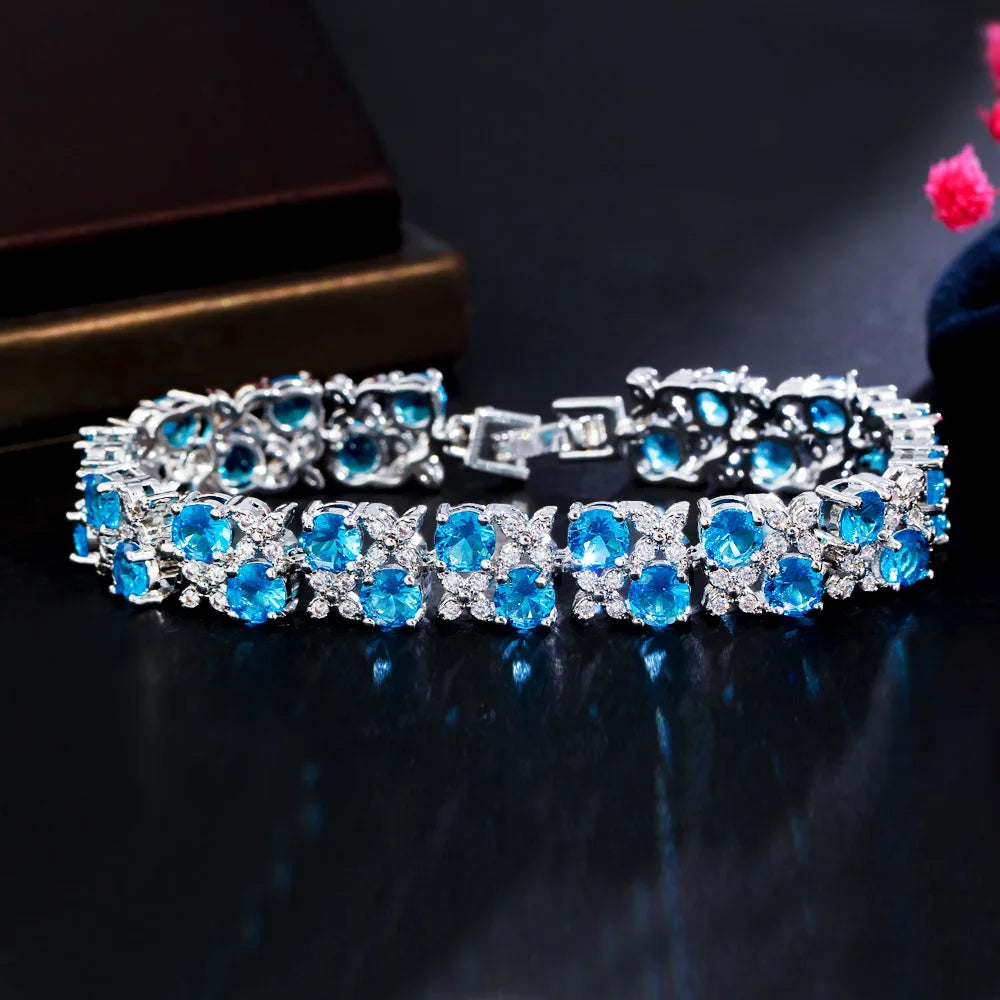 Two Layer Round Cubic Zirconia Elegant Leaf Flower Shape Women Party Evening Wedding CZ Bracelet for Brides