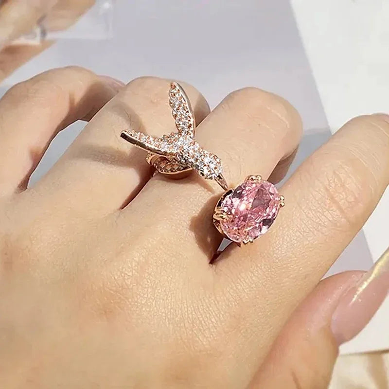 Unique Design Bird with Oval Pink CZ Rings for Women Rose Gold Color Sparkling Opening Rings Cocktail Party Trend Jewelry - EUFASHIONBAGS