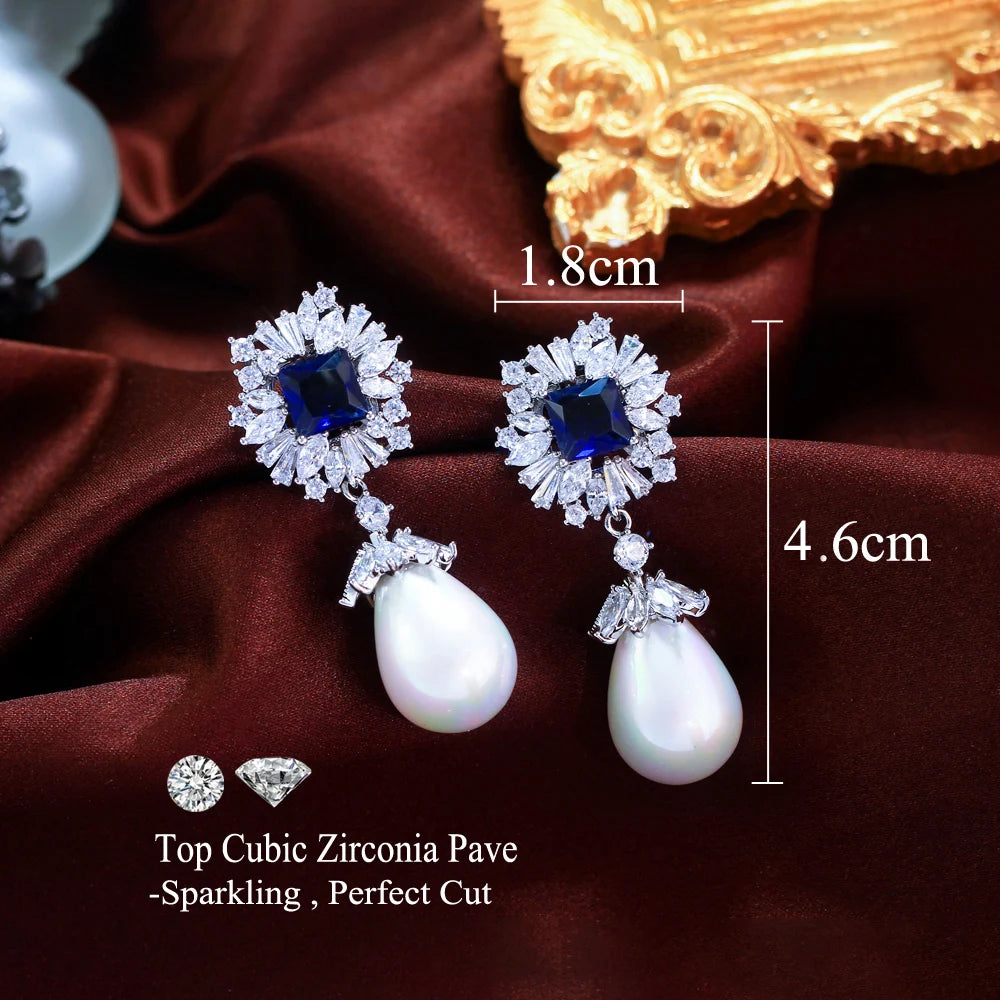 Sparkling Dark Blue Cubic Zirconia Dangling Drop Pearl Long Wedding Banquet Engagement Party Earrings for Women - EUFASHIONBAGS