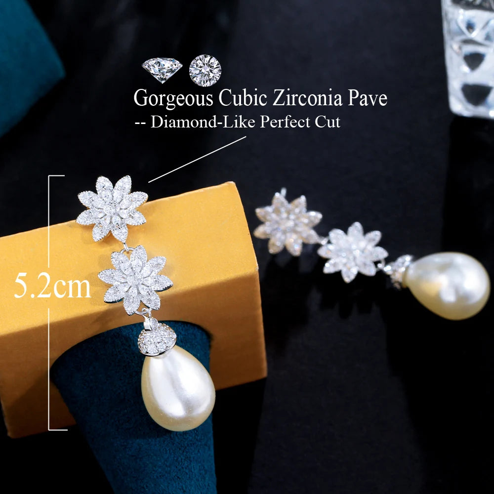 Chic Cubic Zirconia Cluster Flower Dangle Drop Long Pearl Earrings for Women Wedding Pageant Jewelry Accessory - EUFASHIONBAGS