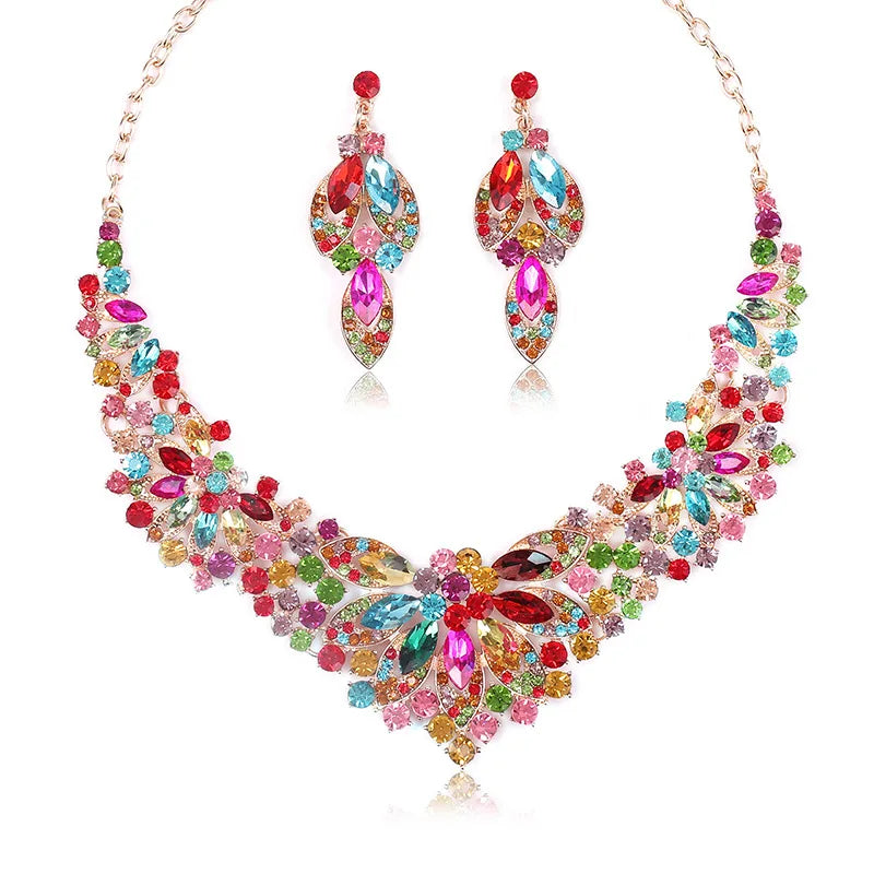 Luxury Exquisite Leaves Colorful Crystal Jewelry Sets For Women Wedding Party Jewelry Accessories Stud Earrings & Necklace Set - EUFASHIONBAGS