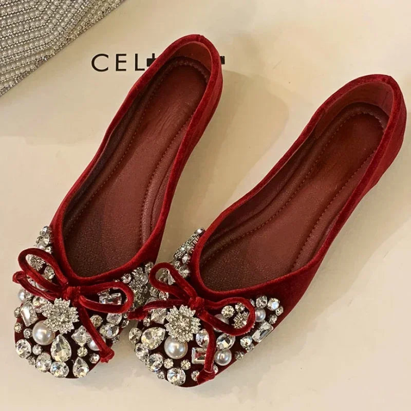 Crystal Pearl Designer Flat Women Shoes Comfort Soft Soled Dress Shoes Leisure Shiny Rhinestones Mules Shoes Zapatos De Mujer