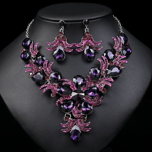 Luxury Purple Crystal Flower Jewelry Sets For Women Wedding Party Accessories Rhinestone Stud Earrings & Necklace Gift - EUFASHIONBAGS