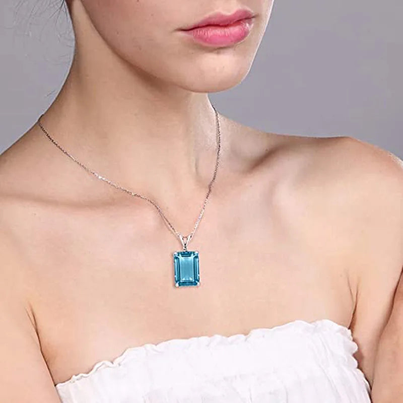 Rectangular Blue CZ Pendant Necklace for Women Wedding Party Silver Color Neck Accessories Trendy Jewelry