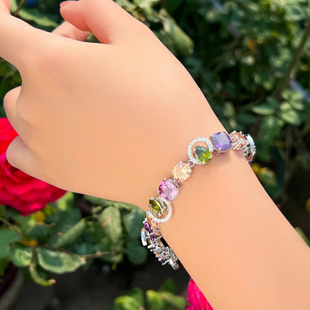 Genuine Cubic Zirconia Sparkling Purple Olive Green CZ Stone Charm Female Engagement Party Bracelets Jewellery