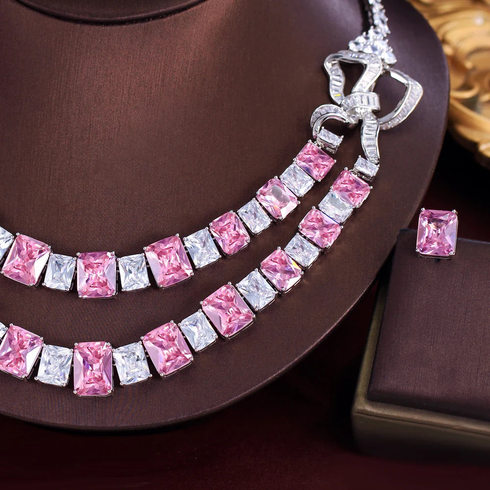 Luxury Big Square Chunky Pink Cubic Zirconia Double Layered Necklace Wedding Jewelry Sets for Brides Party Wear - EUFASHIONBAGS