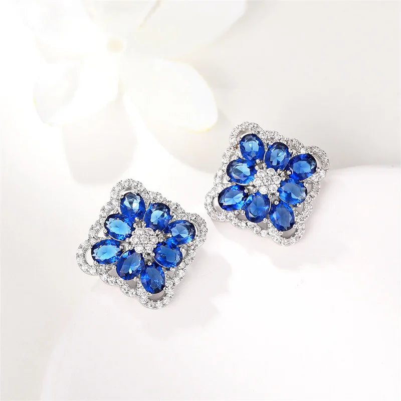 Blue CZ Earrings Women Engagement Wedding Anniversary Party Elegant Lady's Ear Stud Accessories Fashion Jewelry - EUFASHIONBAGS