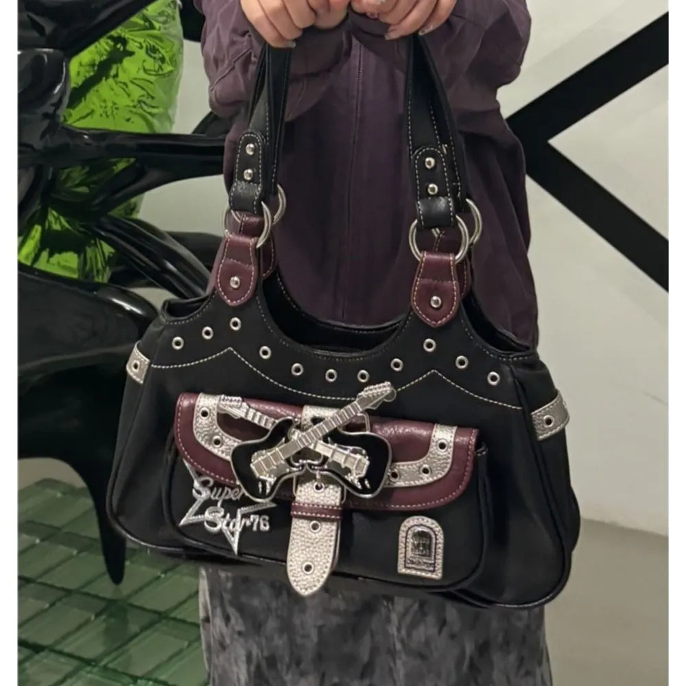 Gothic Punk Y2k Bags Women Harajuku Aesthetic Leather Patchwork Casual Handbag Female Vintage Black Shoulder Bags Chic - EUFASHIONBAGS