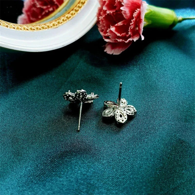 Silver Color Crystal Cubic Zirconia Flower Earrings for Women Fancy Ear Accessories Birthday Gift Piercing Trendy Jewelry - EUFASHIONBAGS