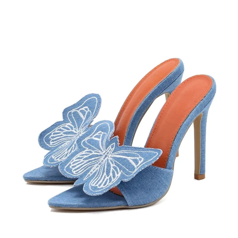 Fashion Blue Denim Big Butterfly Women's Thin High Heels Slippers Sandal Sexy Pointed Toe Slides Stripper Party Mules Shoe