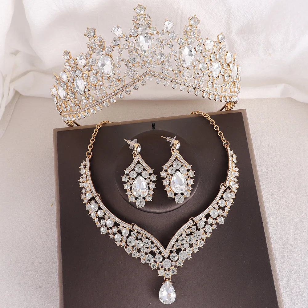 Baroque Crystal Water Drop Bridal Jewelry Sets Rhinestone Tiaras Crown Necklace Earrings for Bride Wedding Dubai Jewelry Set - EUFASHIONBAGS