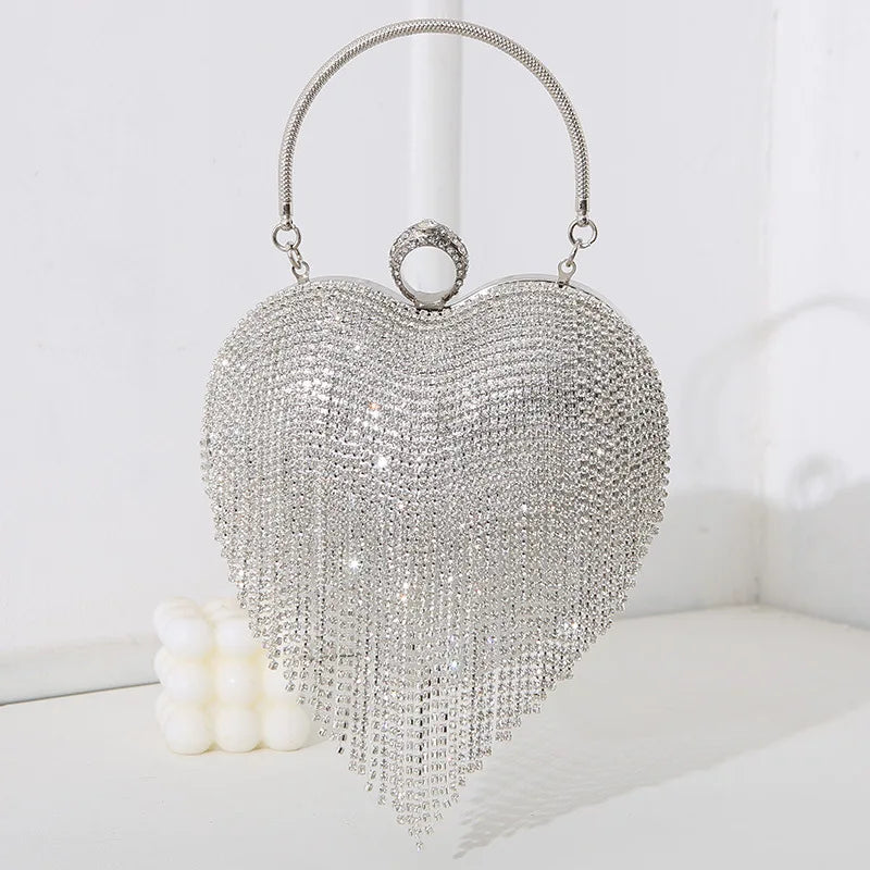 Rhinestone Evening Bag Heart Pattern Silver Handbag Womens Diamond Tassel Banquet Clutch And Purse Wedding Bridal Prom Wallets