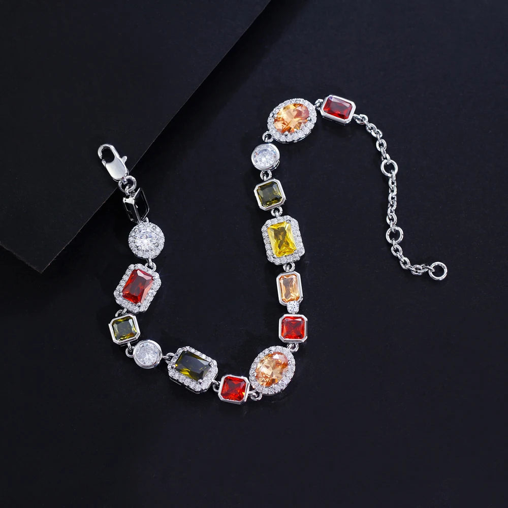 Multi Shape Colorful Cubic Zirconia Link Chain Bracelets for Women Adjustable Trendy Hand Jewelry - EUFASHIONBAGS