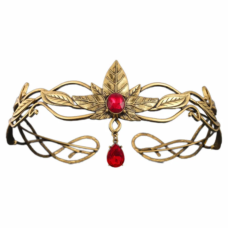 Vintage Punk Alloy Goddess Headband Baroque Red Crystal Leaf Tiaras Crown Princess Queen Diadems Wedding Bridal Hair Accessories - EUFASHIONBAGS