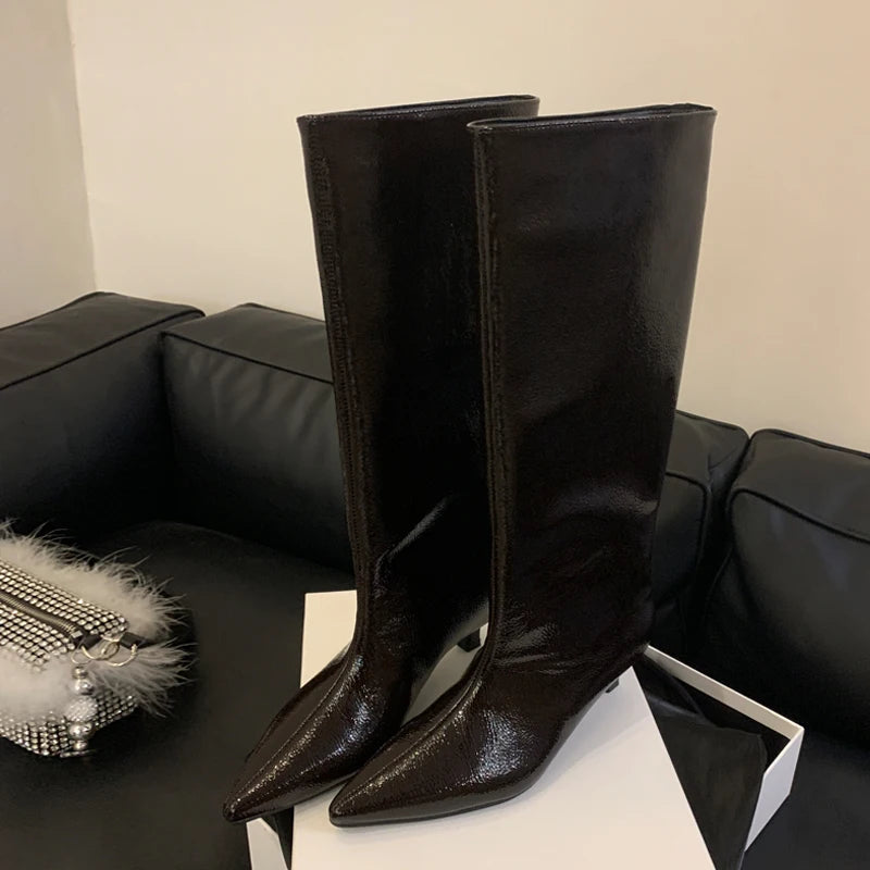 Autumn Winter Cosy Pointed Toe Woman Knee-High Boots Slip-On Low Thin Heels Party Stripper Shoe Long Botas De Mujer