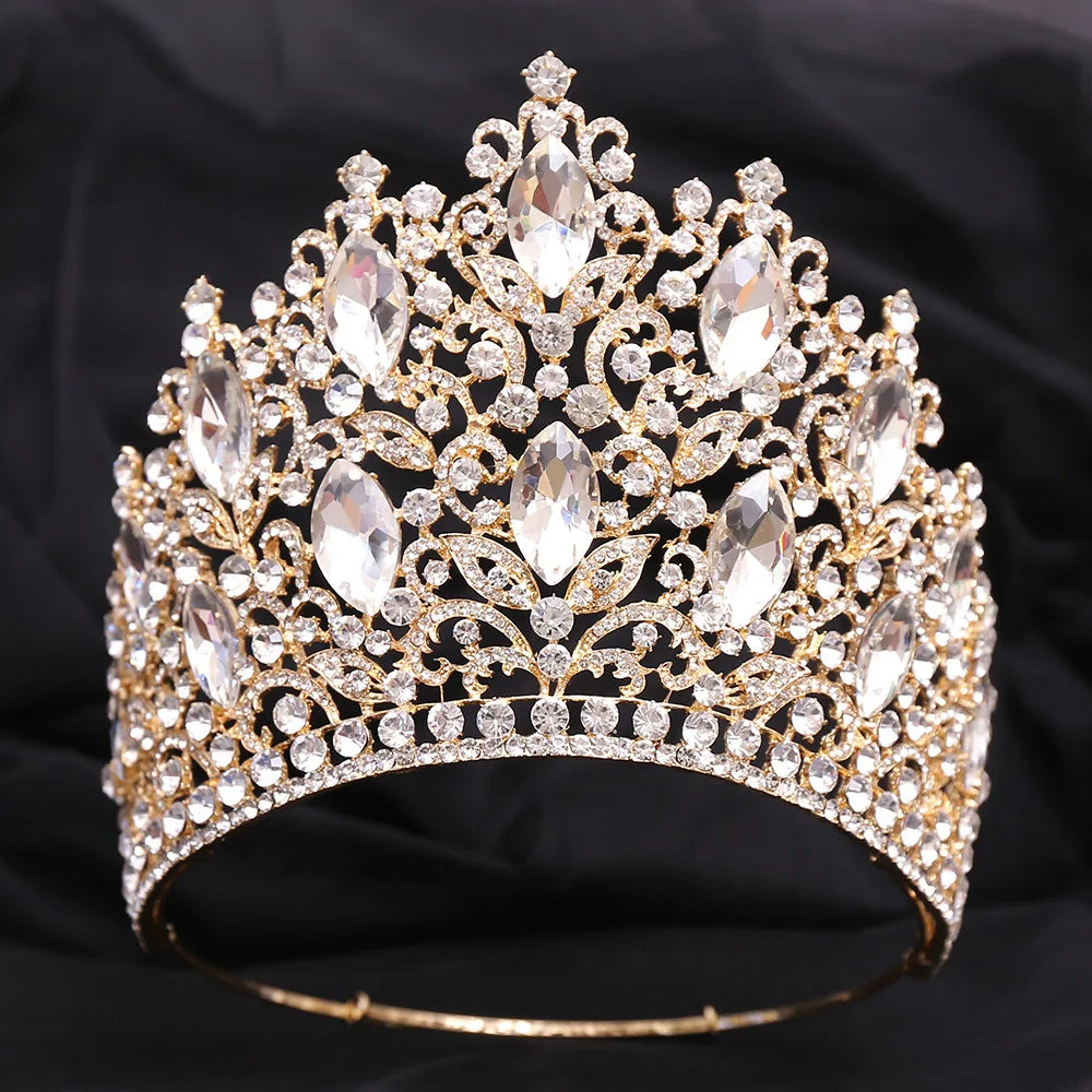 Green Crystal Tiara Round Crown 14cm Height Bridal Headwear Pageant Headdress Party Elegant Diadem Wedding Hair jewelry - EUFASHIONBAGS