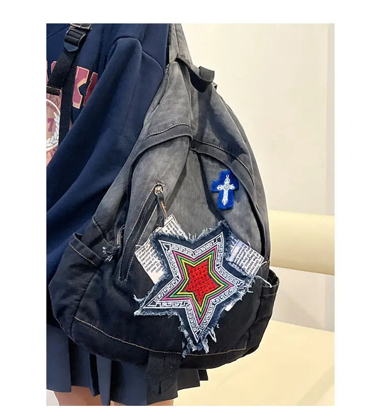 Vintage Grunge Denim Backpacks Women Patchwork Large Y2k Mochila School Bag Ladies Harajuku Backpack Aesthetic - EUFASHIONBAGS