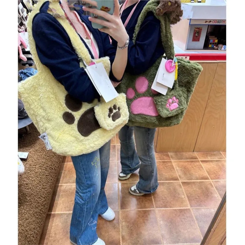 Large Tote Bag Purse Women Sweet Cute Plush Soft Green Handbag Female Versatile Shoulder Bags Chic