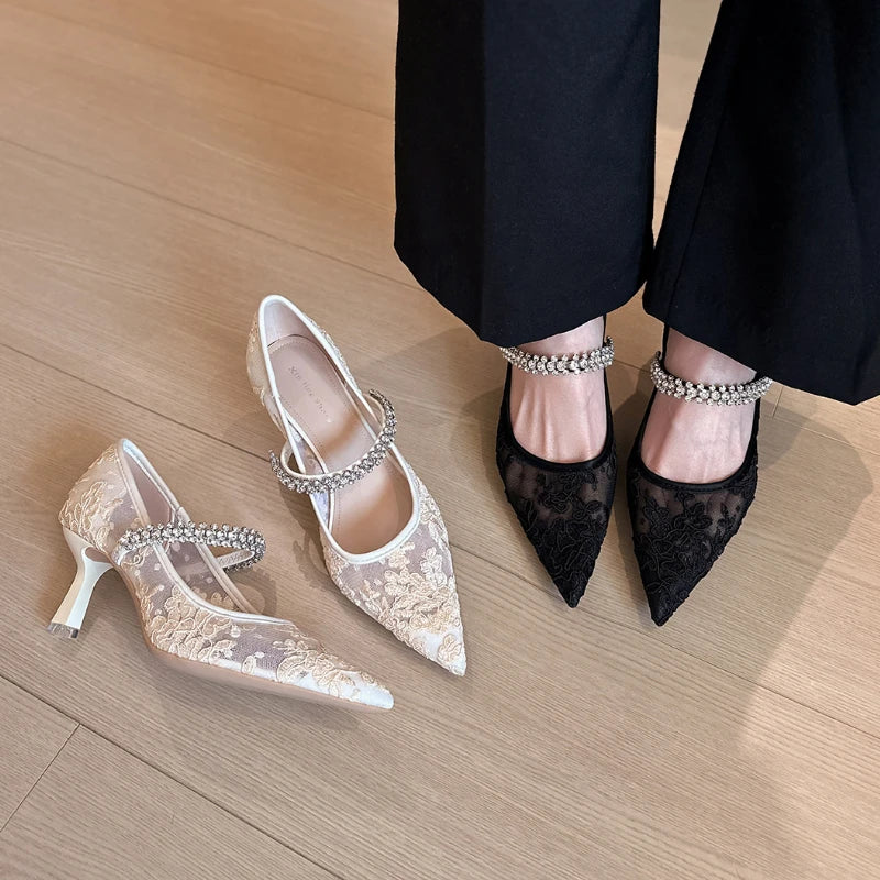 Sexy Lace Embroidery High Heels Women Rhinestone Chain Mesh Pointed Toe Dress Shoes Ladies Elegant Fashion Footwear Women Pumps