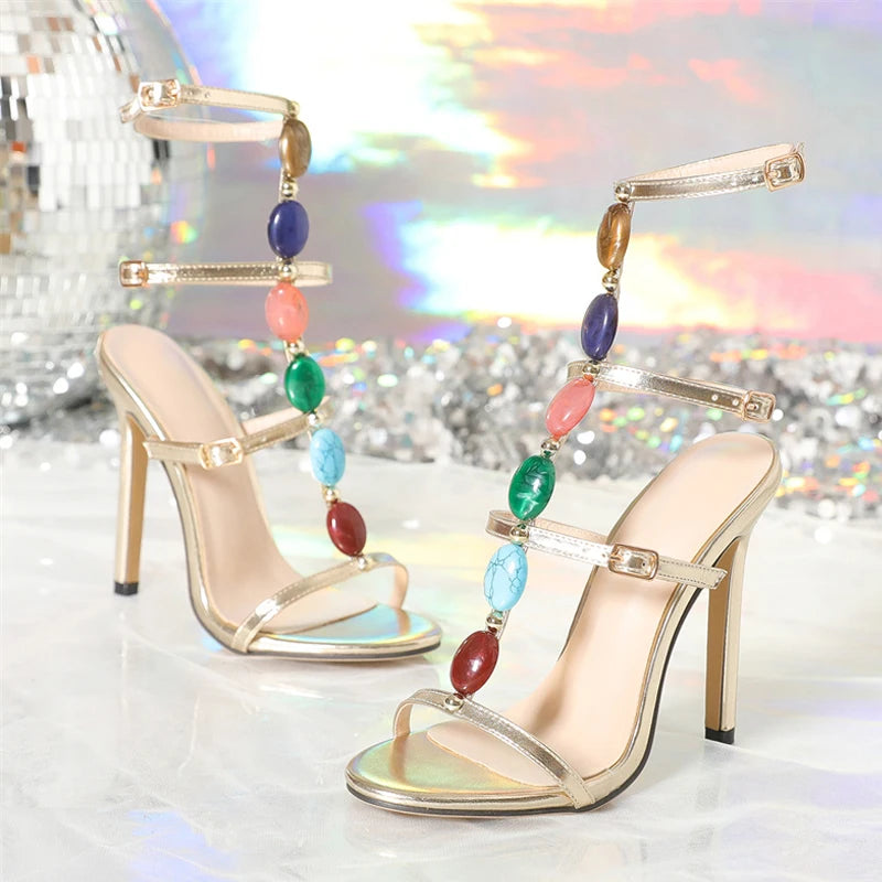 Bohemian Style Fashion Colour Gem Strap Designer High Heels Gladiator Sandals Women Summer Open Toe Wedding Banquet Shoes