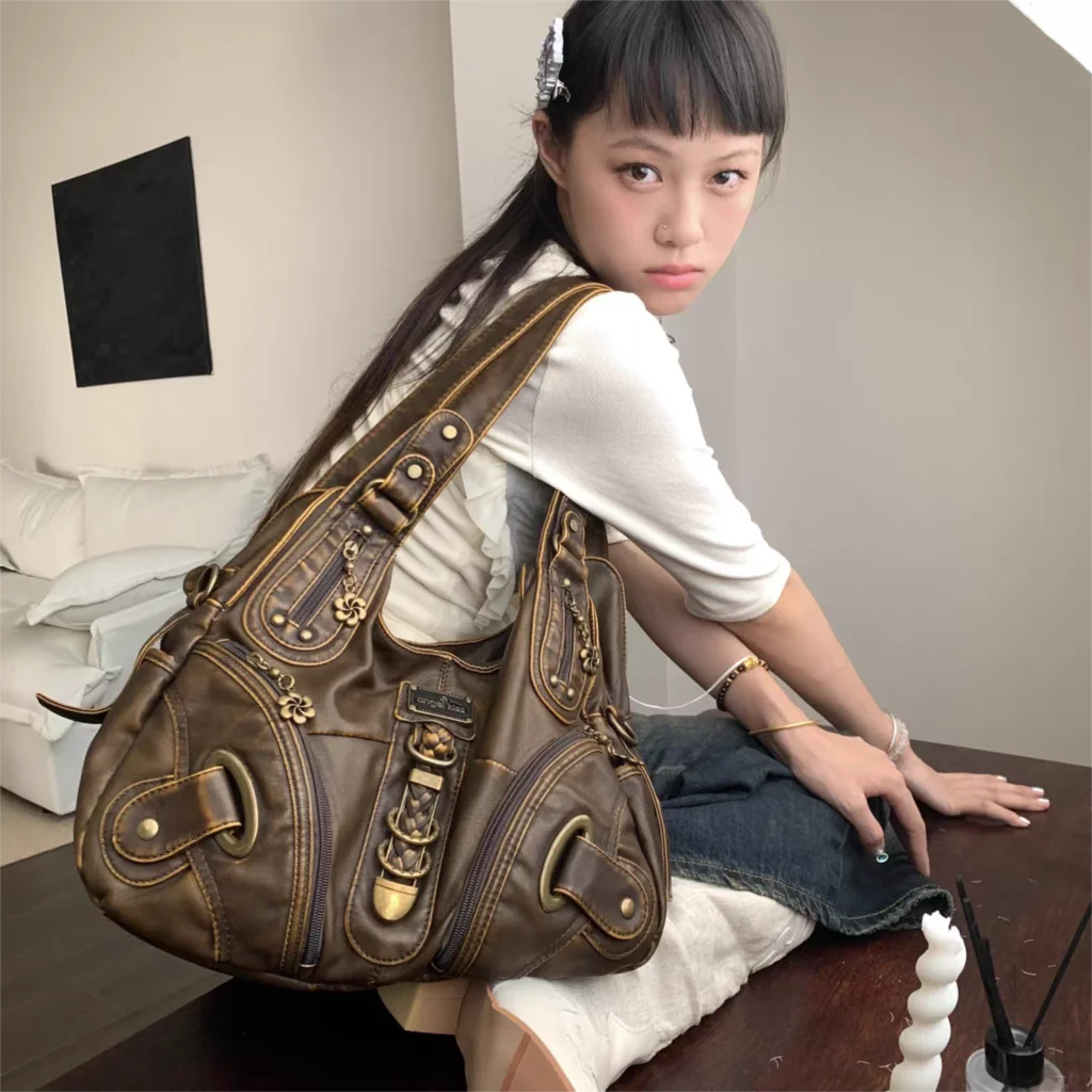 Vintage Brown Y2k Handbag Women Retro Subculture Leather Large Shoulder Bags Aesthetic Tote Bag