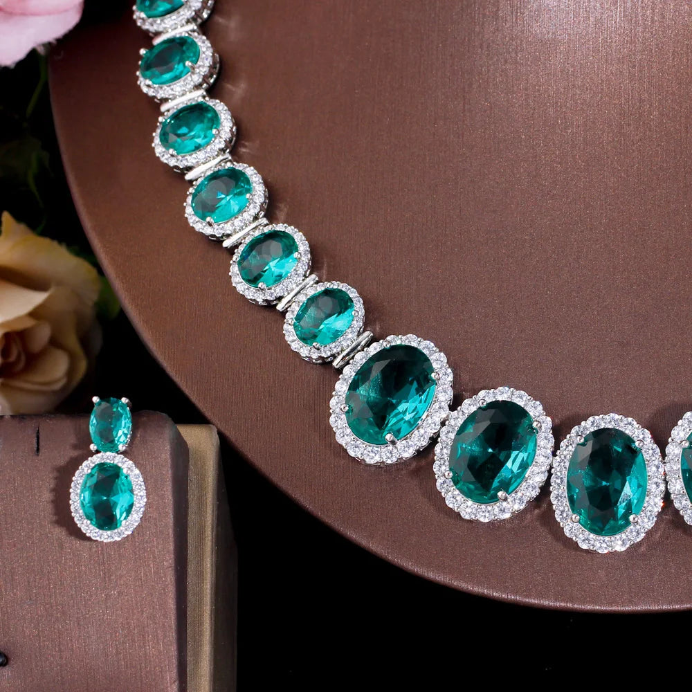 Chic Big Oval Round Light Green Cubic Zirconia Necklace Women Party Wear Wedding Costume Jewelry Sets for Brides T646