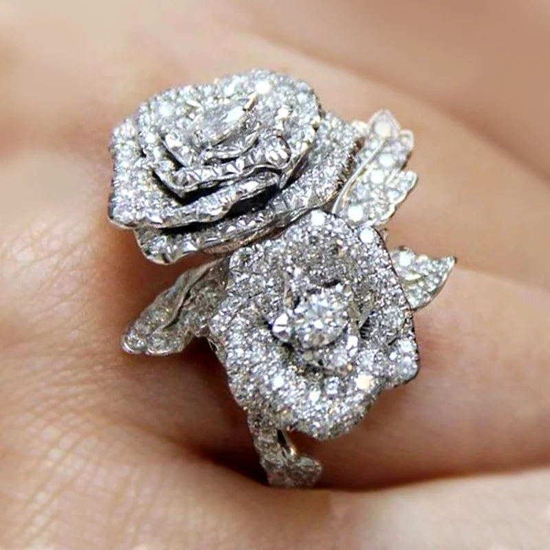 Brilliant Zirconia Ring Lady Party Jewelry with Exquisite Design Fashion Chic Rose Shape Finger Accessories Gift - EUFASHIONBAGS