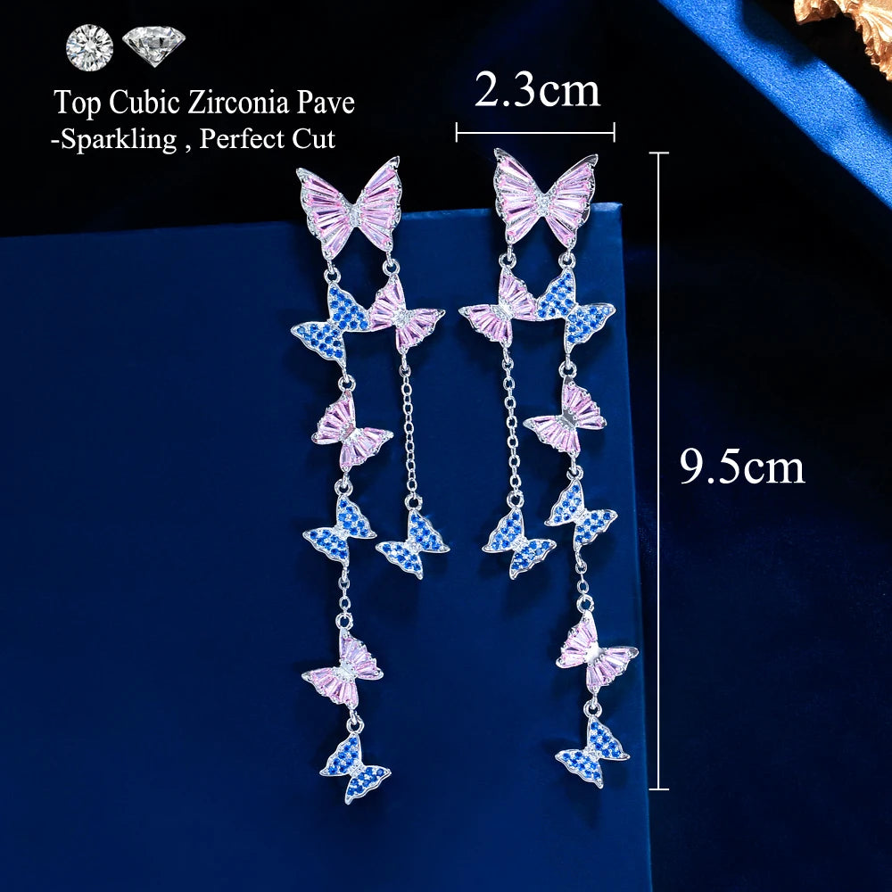 Luxury Pink Blue Cubic Zirconia Extra Long Tassel Drop Dangle Butterfly Earrings for Women Banquet Party Wear - EUFASHIONBAGS