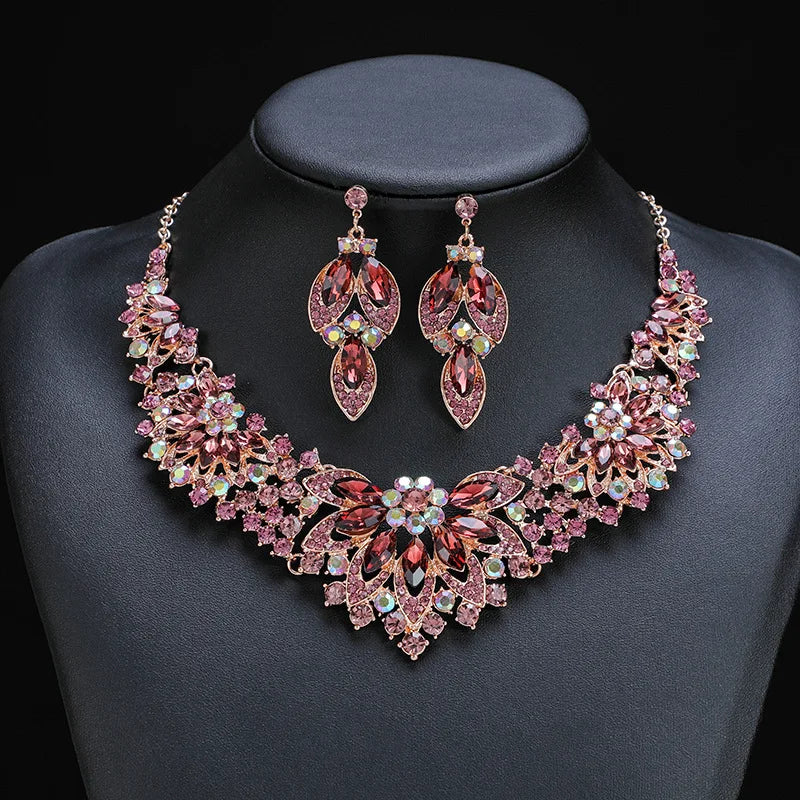 Luxury Exquisite Leaves Colorful Crystal Jewelry Sets For Women Wedding Party Jewelry Accessories Stud Earrings & Necklace Set - EUFASHIONBAGS