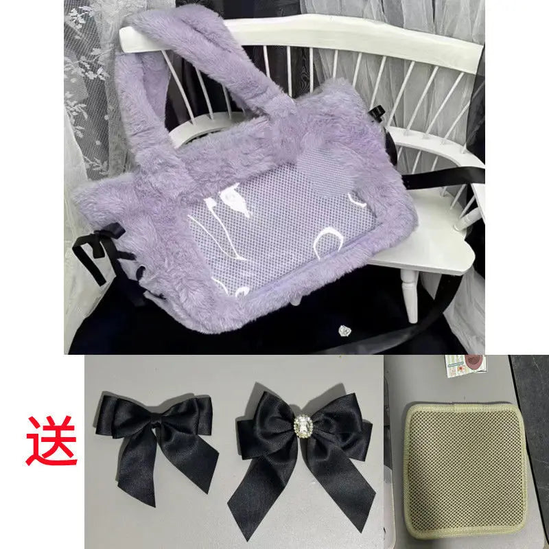 Plush Bow Purple Handbag Purse Women Sweet Japanese Transparent Ita Bag Girls Kawaii Shoulder Crossbody Bag Aesthetic