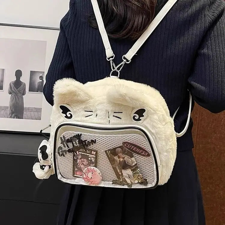 Sweet Cute Cat Pink Mini Backpack Women Harajuku Aesthetic Plush Soft Ita Bag Messenger Bag Student Kawaii Backpacks - EUFASHIONBAGS